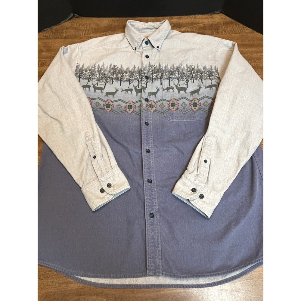 Cabela's Deerskin Soft Chamois Shirt Men's XL Deer Trees Aztec Button Up Outdoor